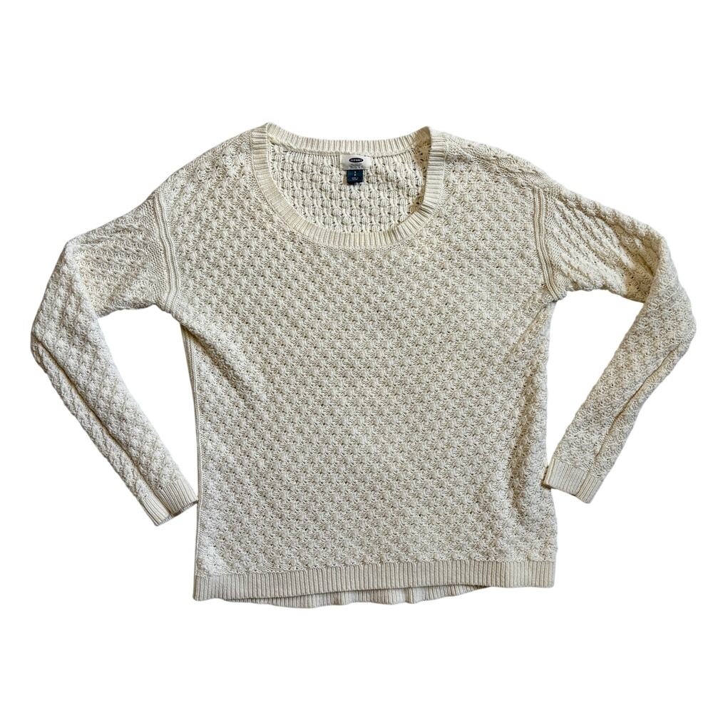 Old Navy White Chunky Knit Sweater Cotton Acrylic Blend Womens Small Ribbed Crew